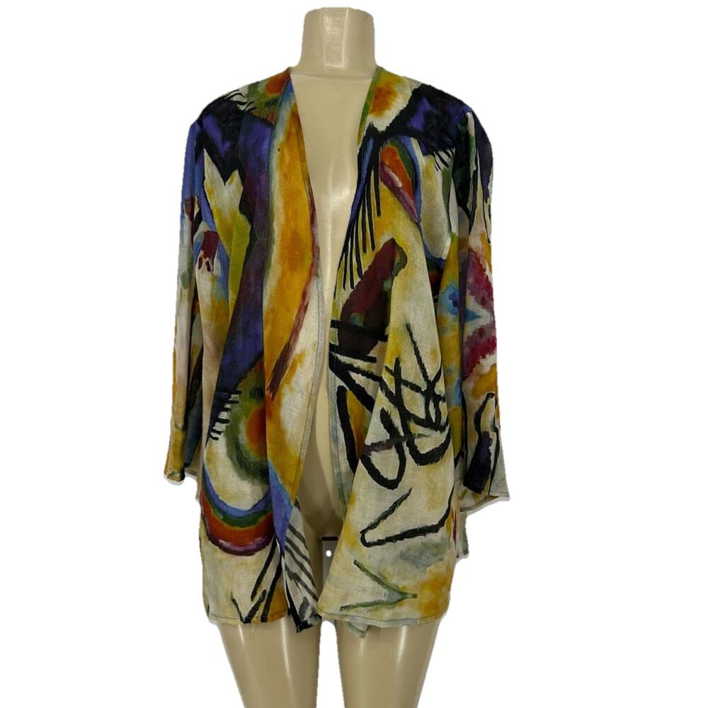 Tao House L/XL Women Open Front Abstract Fine Wool Primary Pioneer Jacket 1-32